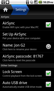 AirSync Options Screen