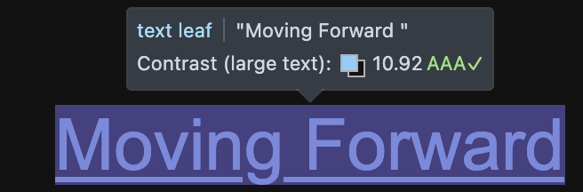 Screenshot showing 10.92 to 1 contrast ratio for post links in dark mode.
